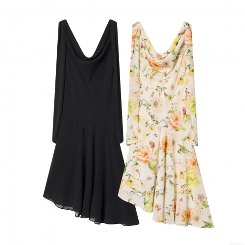 Women Summer Draped Neck Sleeveless Irregular Hem Midi Dress Floral Printed Elegant Casual Polyester Street Style Party Dress