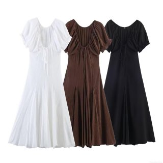 European Style Women's Pleated Midi Dress Puff Sleeve U-Neck Tie-Back Slim Fit Polyester Casual Streetwear Fashion Dress For Summer