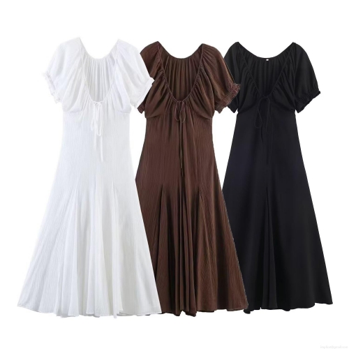 European Style Women's Pleated Midi Dress Puff Sleeve U-Neck Tie-Back Slim Fit Polyester Casual Streetwear Fashion Dress For Summer