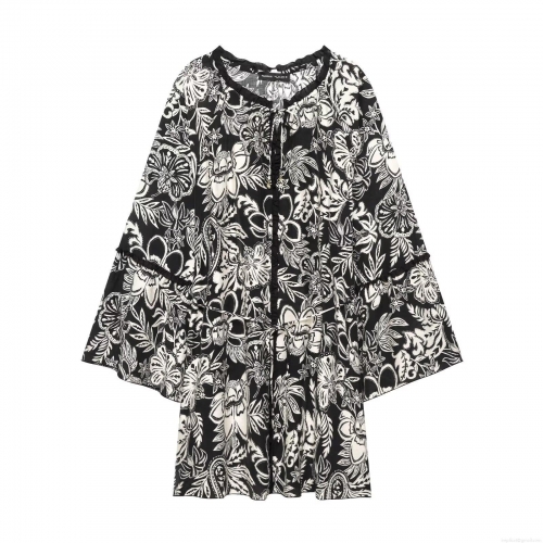 Women's Bohemian Floral Print Dress Bell Sleeve V-Neck Drawstring Loose Fit Cotton Blend Casual Midi Dress For Holiday Streetwear