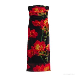 Women's Y2K Strapless Tube Top Midi Dress Sexy Ruched Bodycon Polyester Floral Abstract Print Summer Beach Party Sundress