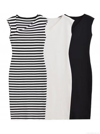Women's Sexy Asymmetric Slant Neck Sleeveless Bodycon Dress Ribbed Knit Striped Midi Dresses For Party Streetwear Casual Slim Fit Clubwear