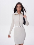 Women Y2K Knit Bodycon Dress Zipper Half High Collar Long Sleeve Slim Fit Ribbed Midi Dress Streetwear High Waist Solid Color Pencil Dress Party