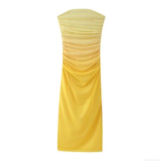 Women Sexy Ruched Ombre Tube Top Midi Dress Strapless Mesh Bodycon Gradient Party Dress Sleeveless Clubwear For Ladies