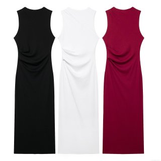 Women's Ruched Sleeveless Bodycon Midi Dress Polyester Round Neck Slim Fit Sexy Solid Summer Dress For Streetwear Party
