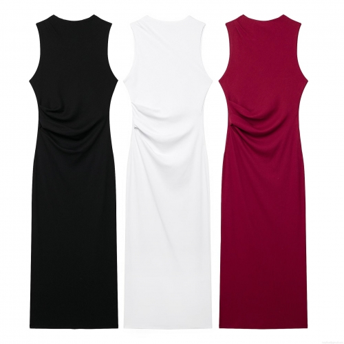 Women's Ruched Sleeveless Bodycon Midi Dress Polyester Round Neck Slim Fit Sexy Solid Summer Dress For Streetwear Party