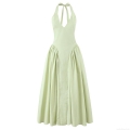 Sexy Halter Neck Backless Midi Dress Women Summer V-Neck Sleeveless A-Line Pleated Party Clubwear Beach Sundress Cotton Blend Elegant Dress