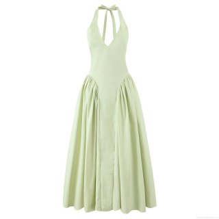 Sexy Halter Neck Backless Midi Dress Women Summer V-Neck Sleeveless A-Line Pleated Party Clubwear Beach Sundress Cotton Blend Elegant Dress