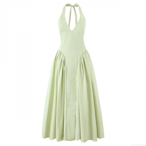Sexy Halter Neck Backless Midi Dress Women Summer V-Neck Sleeveless A-Line Pleated Party Clubwear Beach Sundress Cotton Blend Elegant Dress