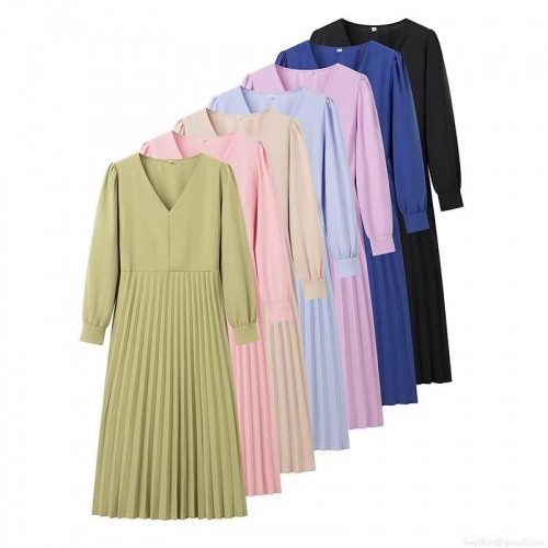 Women's Fashion V-Neck Pleated Midi Dress Summer Elegant High Waist Lace-up Long Sleeve Solid Color A-Line Dress For Streetwear Party Office