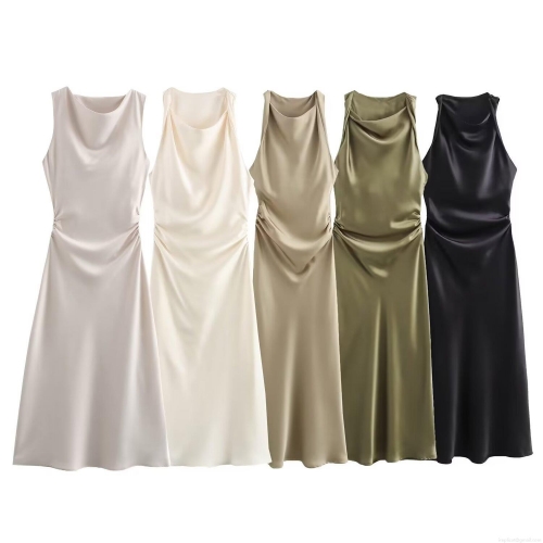 Women Elegant U-Neck Satin Midi Dress Sleeveless Ruched Waist Party Evening Gown Polyester Solid Color Sexy Backless Slip Dress For Cocktail Club
