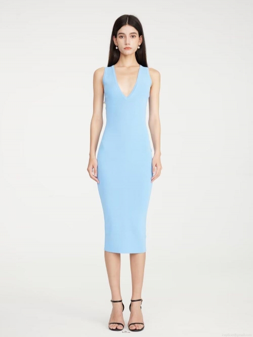 Women Sexy V Neck Sleeveless Bodycon Midi Dress Summer Solid Color Slim Fit Knitted Polyester Evening Party Clubwear Tank Dress