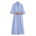 Women's Striped Seersucker Shirt Dress With Woven Belt And Chest Pockets Summer Casual Button Down Midi Dress For Vacation Streetwear