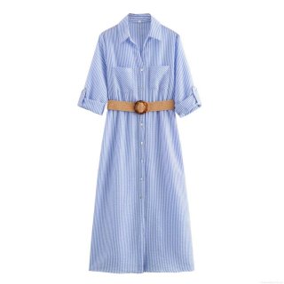Women's Striped Seersucker Shirt Dress With Woven Belt And Chest Pockets Summer Casual Button Down Midi Dress For Vacation Streetwear