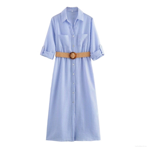 Women's Striped Seersucker Shirt Dress With Woven Belt And Chest Pockets Summer Casual Button Down Midi Dress For Vacation Streetwear