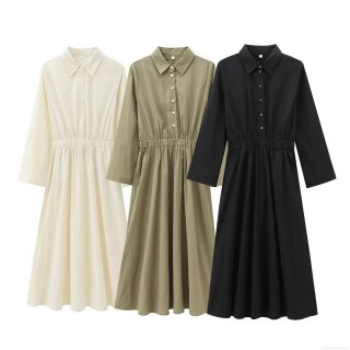 Women's Fashion Solid Color Shirt Dress Polyester Long Sleeve Lapel Midi Dress Single Breasted Elastic Waist A-Line Street Style Dress for Women Autumn Winter
