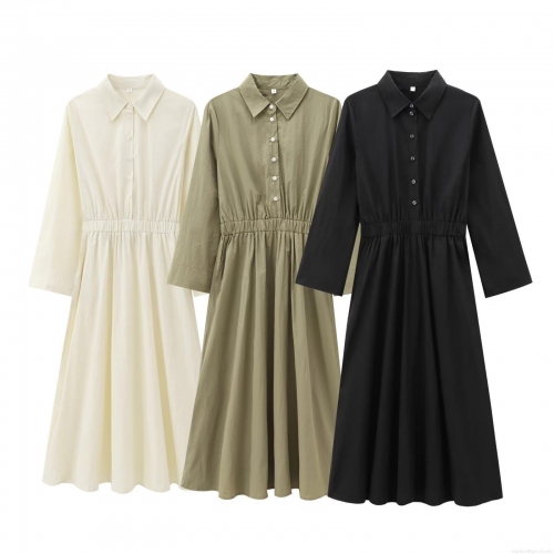Women's Fashion Solid Color Shirt Dress Polyester Long Sleeve Lapel Midi Dress Single Breasted Elastic Waist A-Line Street Style Dress for Women Autumn Winter