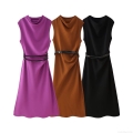 Women's Elegant Sleeveless Draped Neck Midi Dress With Belt Solid Color Satin Polyester A-Line Party Dress For Ladies Office Daily Wear