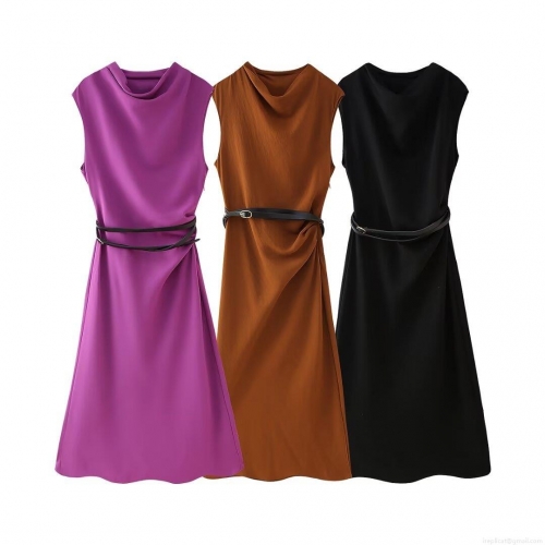 Women's Elegant Sleeveless Draped Neck Midi Dress With Belt Solid Color Satin Polyester A-Line Party Dress For Ladies Office Daily Wear