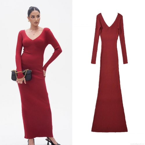 Women's Long Sleeve Double V Neck Ribbed Knit Midi Dress 70% Rayon 30% Nylon Slim Fit Pullover Sweater Bodycon Long Dress Solid Color Elegant Casual Party Women Clothing