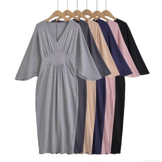 Women's V-Neck Batwing Sleeve Knitted Midi Dress Solid Color Waist Cinched Slim Fit Polyester Fall Winter Casual Streetwear Long Dress