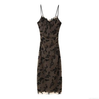 Women's Sexy Mesh Midi Cami Dress Black Flocked Floral Printed Polyester Spaghetti Strap Ruched Waist Lace Trim Bodycon Party Streetwear Dress