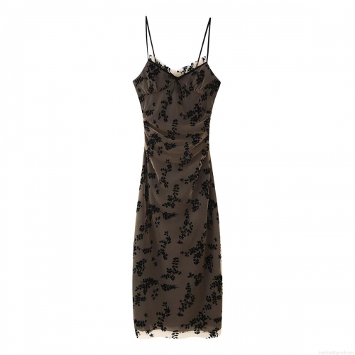 Women's Sexy Mesh Midi Cami Dress Black Flocked Floral Printed Polyester Spaghetti Strap Ruched Waist Lace Trim Bodycon Party Streetwear Dress