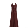 Sexy Women's 3D Rose Flower Spaghetti Strap Midi Dress Ruched V-Neck Slim Fit Evening Party Bodycon Slip Dress Coffee Burgundy Polyester Streetwear Dress