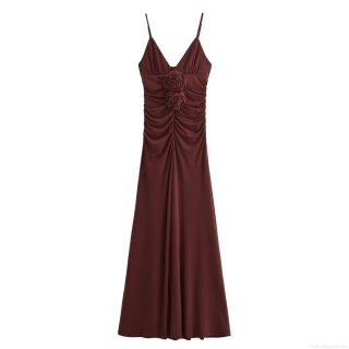 Sexy Women's 3D Rose Flower Spaghetti Strap Midi Dress Ruched V-Neck Slim Fit Evening Party Bodycon Slip Dress Coffee Burgundy Polyester Streetwear Dress