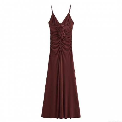 Sexy Women's 3D Rose Flower Spaghetti Strap Midi Dress Ruched V-Neck Slim Fit Evening Party Bodycon Slip Dress Coffee Burgundy Polyester Streetwear Dress