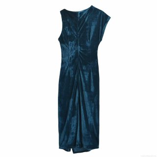 Women's Chic Asymmetrical Teal Velvet Midi Dress Elegant Ruched Bodycon Long Sleeve Evening Party Dress For Winter Fashion Formal Gown