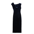 Women's Elegant Velvet Sleeveless One Shoulder Midi Dress Solid Navy Blue Slim Fit Party Club Evening Bodycon Splicing Dress