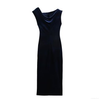 Women's Elegant Velvet Sleeveless One Shoulder Midi Dress Solid Navy Blue Slim Fit Party Club Evening Bodycon Splicing Dress