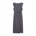 Women's Elegant Grey Sleeveless Midi Dress Ruched Waist Side Slit Crew Neck A-Line Long Dress Fashion Solid Color Polyester Bodycon Dresses For Party Streetwear
