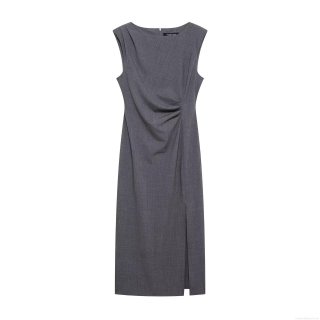 Women's Elegant Grey Sleeveless Midi Dress Ruched Waist Side Slit Crew Neck A-Line Long Dress Fashion Solid Color Polyester Bodycon Dresses For Party Streetwear