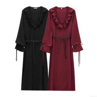 Women's Elegant Long Sleeve Midi Dress V-Neck Ruffle Chiffon Tiered Solid Color A-Line Dress With Belt For Party Streetwear Ladies Clothing