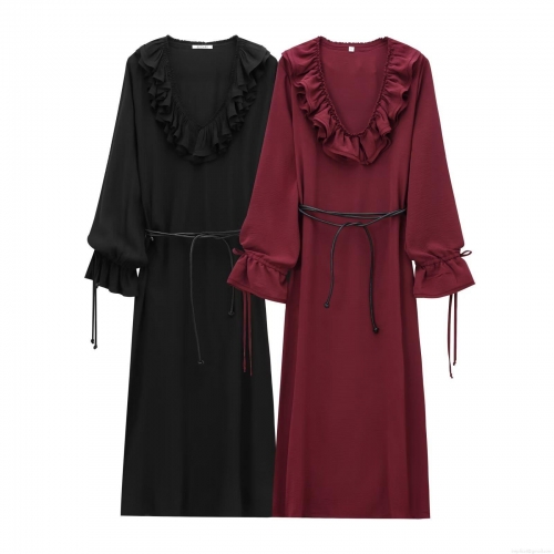 Women's Elegant Long Sleeve Midi Dress V-Neck Ruffle Chiffon Tiered Solid Color A-Line Dress With Belt For Party Streetwear Ladies Clothing