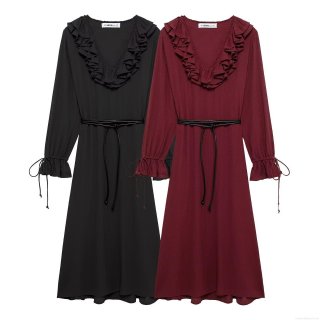 Women's Elegant Solid Color V-Neck Ruffle Midi Dress 100% Polyester Long Sleeve A-Line Dress With Waist Tie And Drawstring Cuffs For Casual Party Streetwear