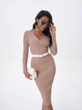 Women's Ribbed Knit Midi Dress Sexy Double V-Neck Long Sleeve Slim Fit Wrapped Rayon Nylon Blend Solid Color Elegant Daily Wear Bodycon Dress