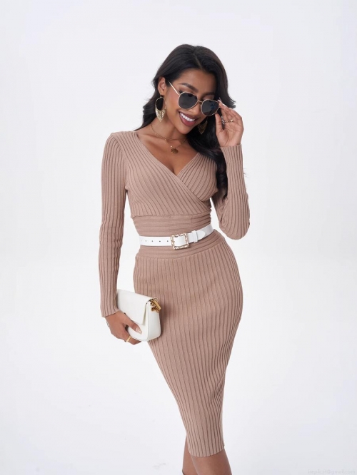 Women's Ribbed Knit Midi Dress Sexy Double V-Neck Long Sleeve Slim Fit Wrapped Rayon Nylon Blend Solid Color Elegant Daily Wear Bodycon Dress