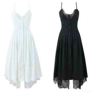 Women Splicing Lace Slip Dress 100% Cotton V-Neck Single-Breasted Midi A-Line Dress Sleeveless Summer Casual Streetwear Party Dress For Ladies