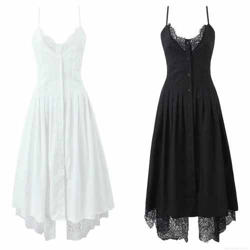 Women Splicing Lace Slip Dress 100% Cotton V-Neck Single-Breasted Midi A-Line Dress Sleeveless Summer Casual Streetwear Party Dress For Ladies