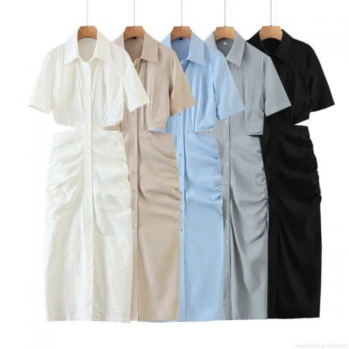 Women's Solid Color Polyester Hollow Out Waist Shirt Dress Short Sleeve Ruffled Midi Dress For Vacation Streetwear Party Clubwear