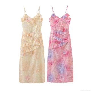 Women's Summer Floral Suspender Dress Sexy V-Neck 3D Jacquard Ruffle Midi Dress Elegant Vacation Sleeveless Polyester Sundress For Women Party Beach