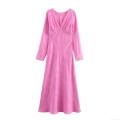 Women Elegant Pink Jacquard Satin V-Neck Midi Dress Long Sleeve A-Line Formal Party Gown European Fashion Streetwear Ladies Spring Clothing
