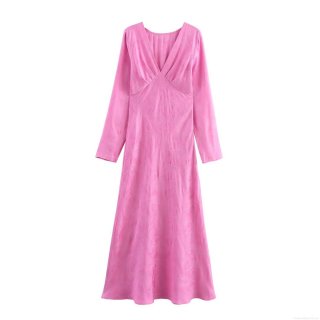 Women Elegant Pink Jacquard Satin V-Neck Midi Dress Long Sleeve A-Line Formal Party Gown European Fashion Streetwear Ladies Spring Clothing