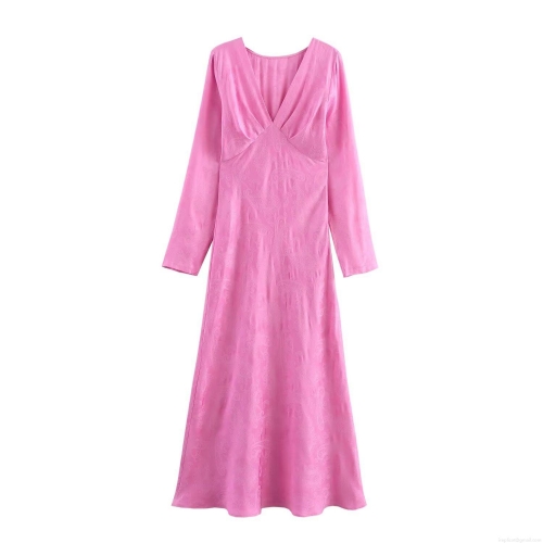 Women Elegant Pink Jacquard Satin V-Neck Midi Dress Long Sleeve A-Line Formal Party Gown European Fashion Streetwear Ladies Spring Clothing