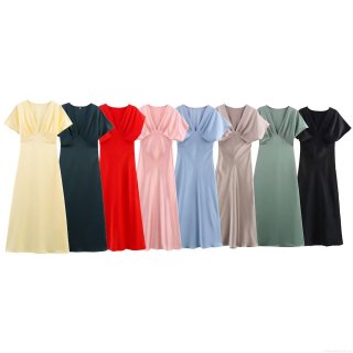 Women's Elegant V Neck Satin Midi Dress Short Sleeve Pleated Silky Texture A-Line Dress For Party Daily Dating Office Summer Spring