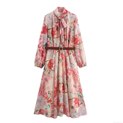 Women's Elegant Floral Print Midi Dress With Belt V-Neck Long Sleeve Polyester Chiffon Long A-Line Dress For Spring Summer Vacation Casual Street Wear