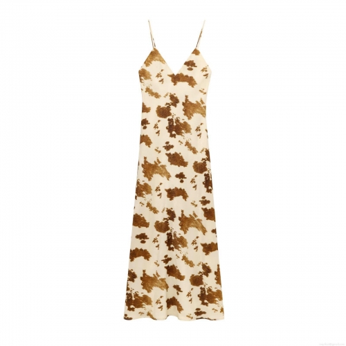 Women Summer Satin Cow Print Midi Dress Sexy V-Neck Spaghetti Strap Backless Slip Dress Sleeveless High Waist Party Beach Clubwear Casual Vestidos